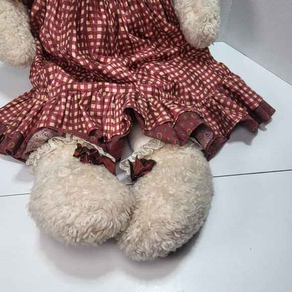 Fuzzy Dog Large Cream Colored Stuffed Plush Red Checkered Plaid Dress with Bows - Picture 7 of 9